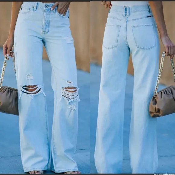 HIGH WAIST 90βs Style Light Wash Wide Leg Distressed Ripped Flare Denim Jeans - Picture 1 of 5